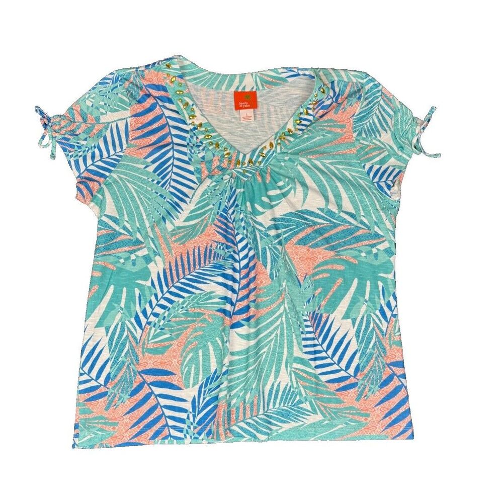 Hearts of Palm Women's Green Gold Jewel Embellished Tropical Shirt Sz Large NEW